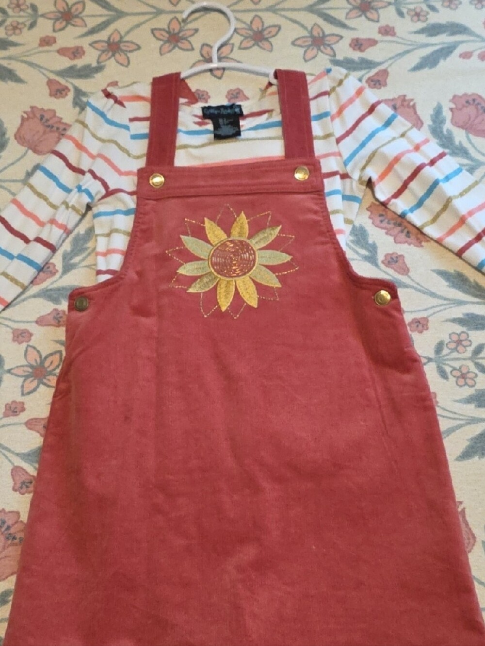 Cynthia Rowley Rust Red Corduroy Overall Dress with Sunflower